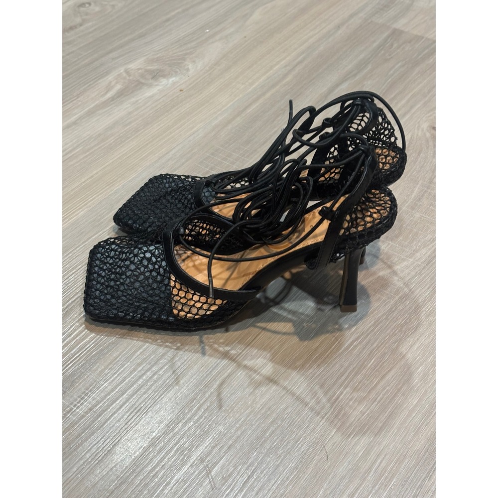 Qing Xiang Fang Black Mesh Lace Up Square Toe Stiletto Heels Size 39 - Picture 4 of 6